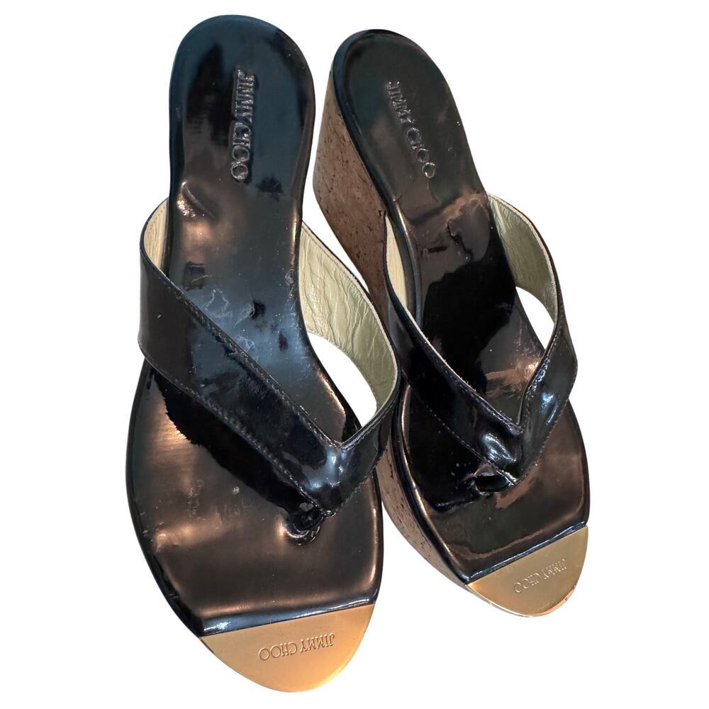 Auth Jimmy Choo Black Patent Leather Cork Wedge Sandals Size 39.5
